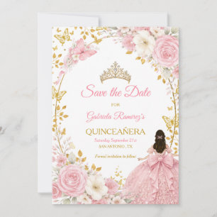 Blush Pink Roses Golden Quinceañera Save the Date