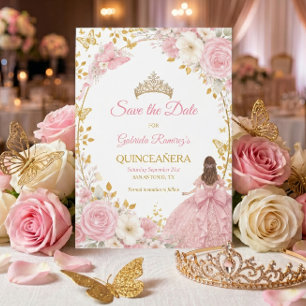 Blush Pink Roses Golden Quinceañera  Save the Date