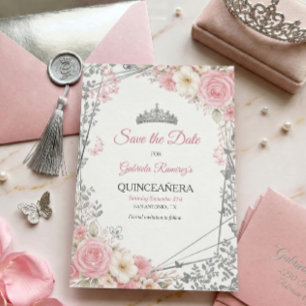 Blush Pink Roses Golden Quinceañera  Save the Date