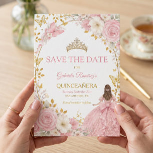Blush Pink Roses Golden Quinceañera  Save the Date