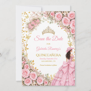 Blush Pink Roses Golden Tiara Quinceañera   Save The Date