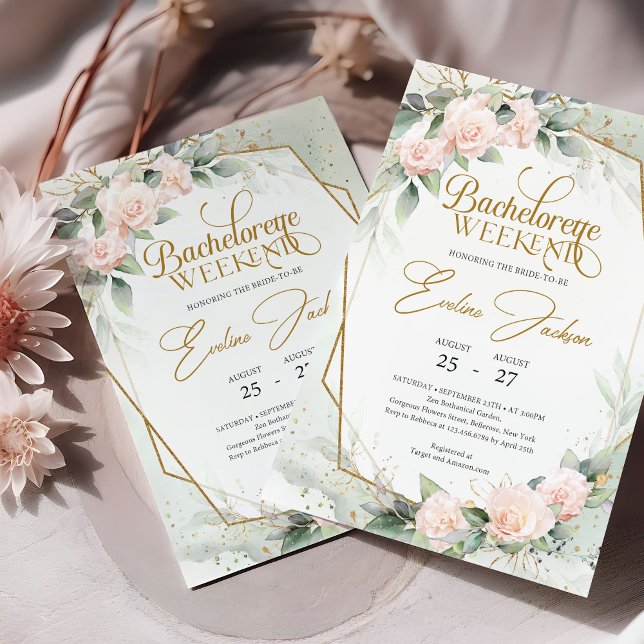 Blush pink roses greenery Bachelorette Weekend Invitation (Elegant blush and gold bachelorette invitation digital download)