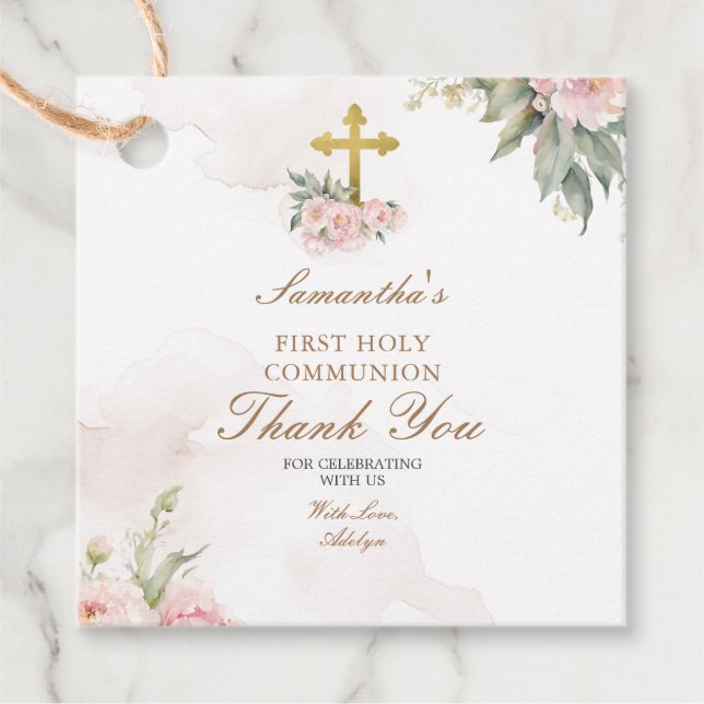 Blush Pink Roses Holy Communion Thank You Tag (Front)
