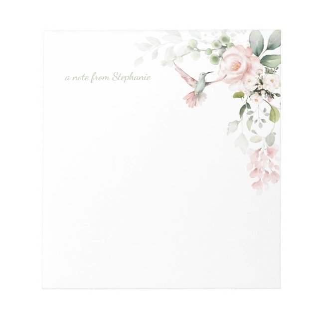 Blush Pink Roses Hummingbirds Greenery Notepad (Front)