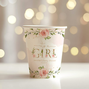 Blush pink roses its a girl baby shower paper cups