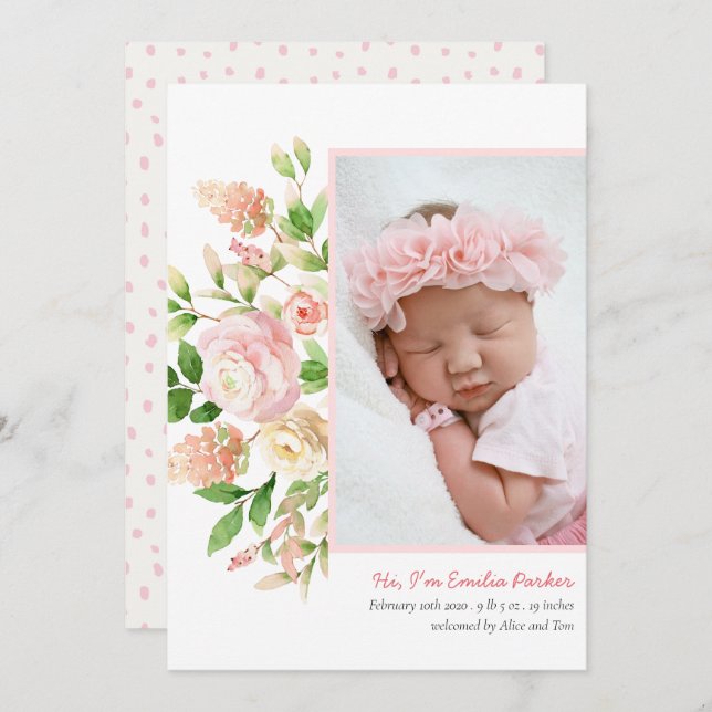 Blush Pink Roses | Modern Elegant Floral Birth Announcement (Front/Back)