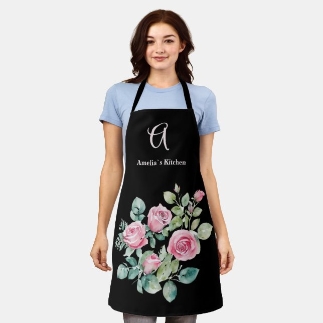 Blush Pink Roses Monogram Apron (Worn)