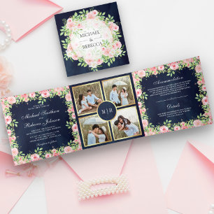 Blush Pink Roses Navy Blue Photo Collage Wedding Tri-Fold Invitation