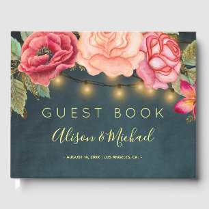 Blush pink roses navy blue string lights wedding guest book