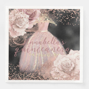 Blush Pink Roses on Black & Gold Quinceañera Napkin