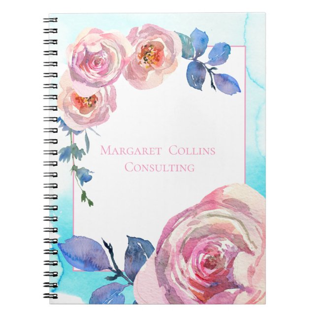 Blush Pink Roses on Blue Custom Named Notebook (Front)