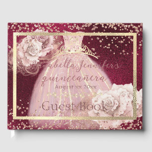 Blush Pink Roses on Burgundy & Gold Quinceañera Guest Book