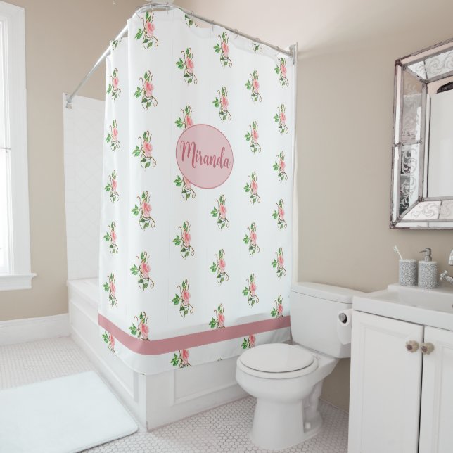 Blush Pink Roses Pattern Shower Curtain (In Situ)