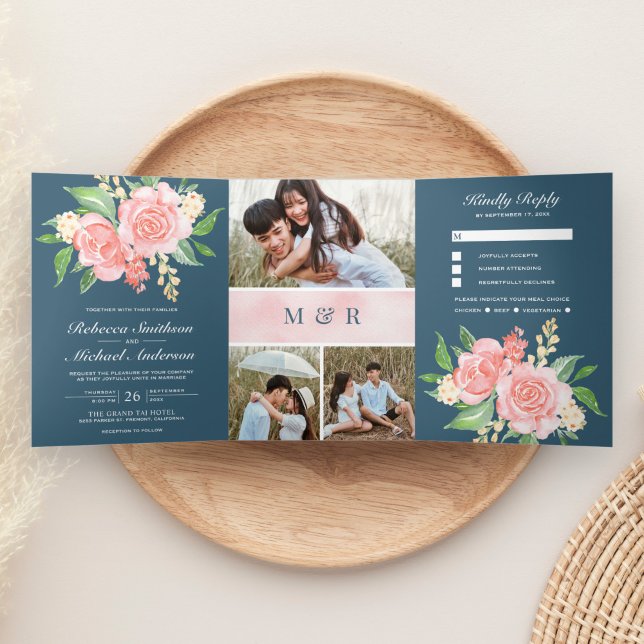 Blush Pink Roses Photo Collage Dusty Blue Wedding Tri-Fold Invitation (Creator Uploaded)