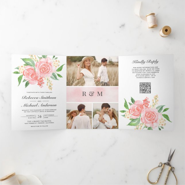 Blush Pink Roses Photo Collage QR Code Wedding Tri-Fold Invitation (Inside)