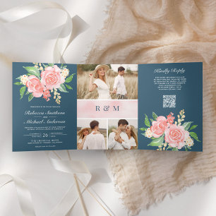 Blush Pink Roses Photo Dusty Blue QR Code Wedding Tri-Fold Invitation