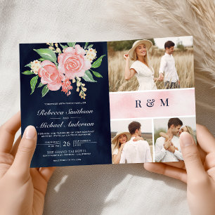 Blush Pink Roses Photo Navy Blue QR Code Wedding Invitation