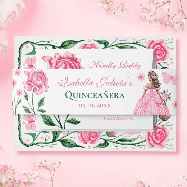 Blush Pink Roses Princess Butterfly Quinceañera Invitation Belly Band (Blush Pink Roses Princess Butterfly Quinceañera Invitation Belly Band)