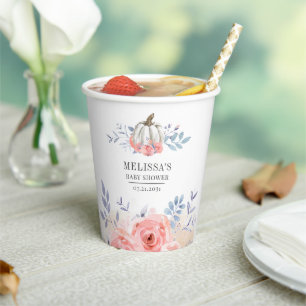 Blush  Pink Roses Pumpkin Floral Baby Shower Paper Cups