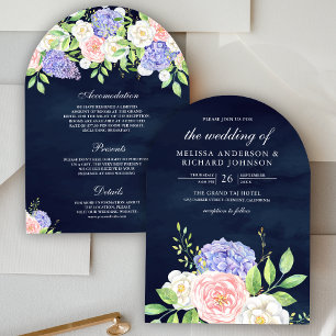 Blush Pink Roses Purple Hydrangea Navy Wedding   Invitation