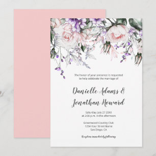 Blush Pink Roses Purple Wildflowers Wedding Invitation