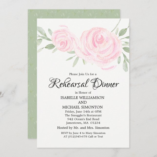 Blush Pink Roses Rehearsal Dinner Invitations (Front/Back)
