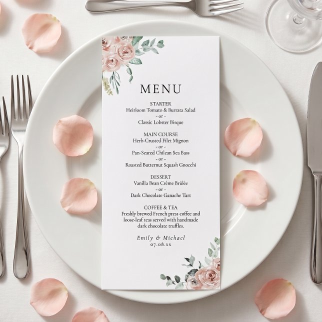 Blush Pink Roses Romantic Wedding Flat Menu (Creator Uploaded)