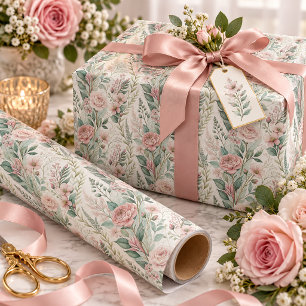 Blush Pink Roses Sage Green Foliage Wrapping Paper
