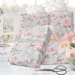 Blush Pink Roses Silver Eucalyptus Greenery Floral Wrapping Paper