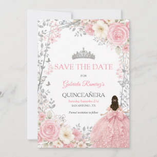 Blush Pink Roses Silver Quinceañera  Save the Date