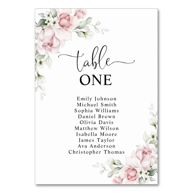 Blush Pink Roses Table Number Seating Chart (Front)