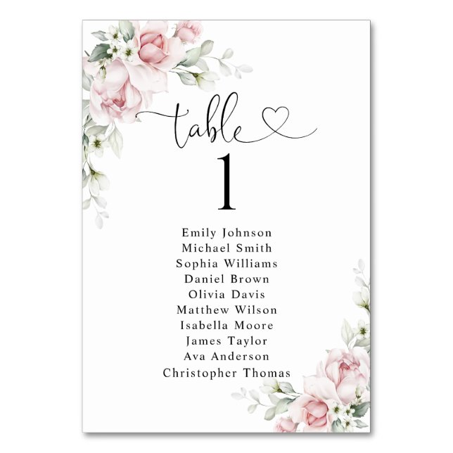 Blush Pink Roses Table Number Seating Chart (Front)