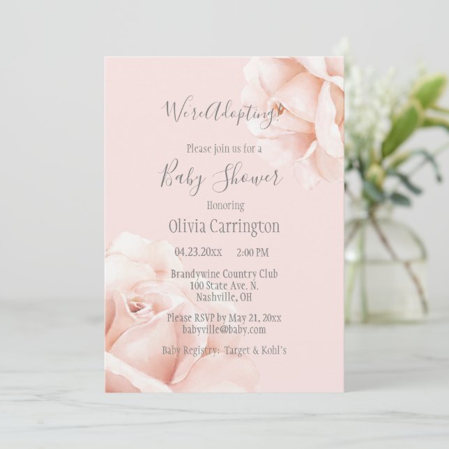 Blush Pink Roses We’re Adopting Script Baby Shower Invitation (Standing Front)