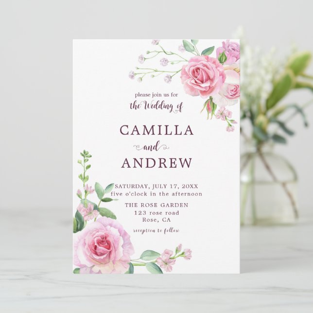 Blush Pink Roses Wedding Invitation (Standing Front)