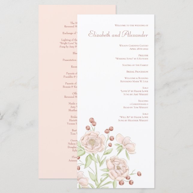 Blush Pink Roses Wedding Modern Programs Menu (Front/Back)