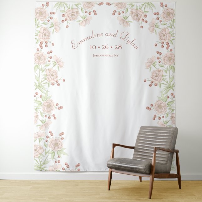 Blush Pink Roses Wedding Photo Backdrop Tapestry (In Situ)