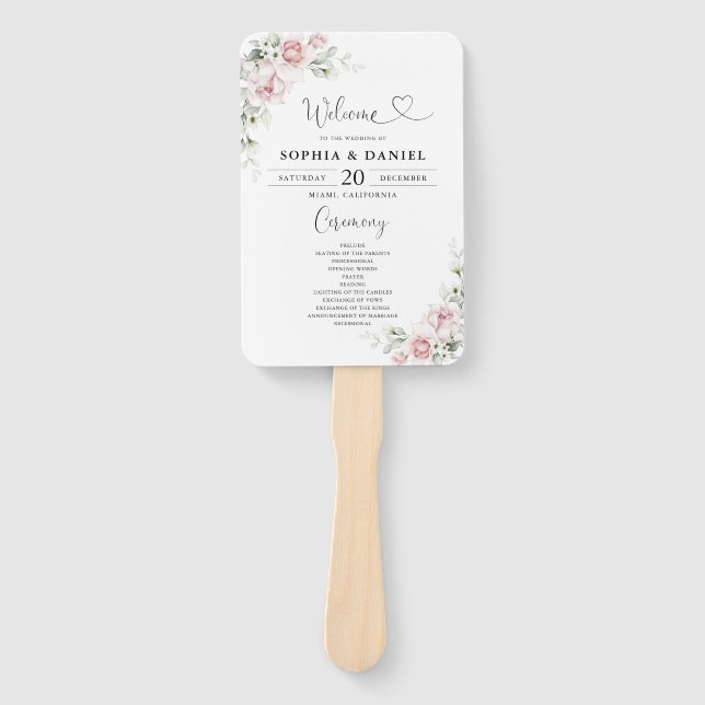 Blush Pink Roses Wedding Program Hand Fan (Front)