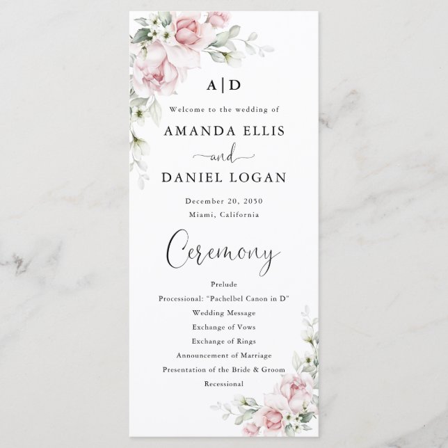 Blush Pink Roses Wedding Program Programme (Front)