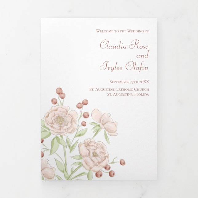 Blush Pink Roses Wedding Programs Modern Tri-Fold Programme (Cover)