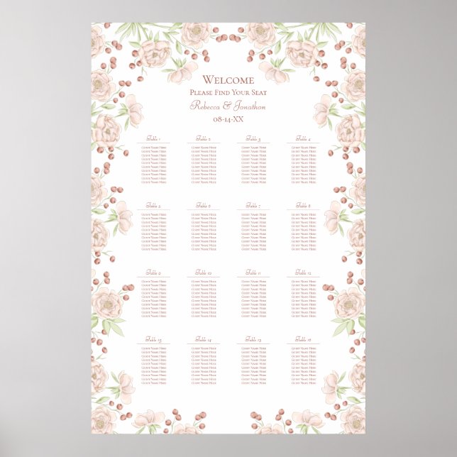 Blush Pink Roses Wedding Seating Chart (Front)