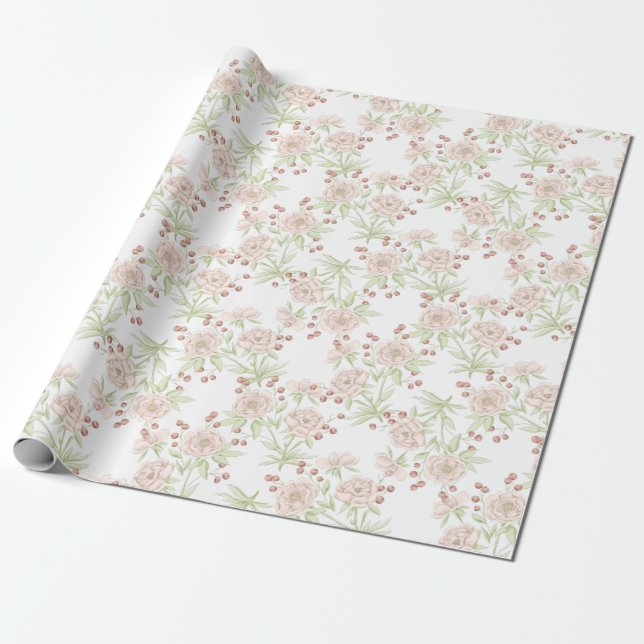 Blush Pink Roses Wedding Wrapping Paper (Unrolled)