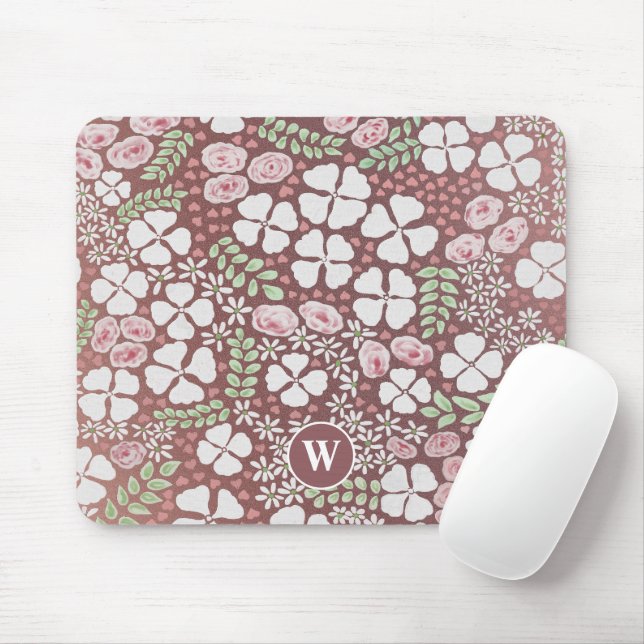 Blush Pink Roses White Floral Rose Gold Monogram Mouse Pad (With Mouse)