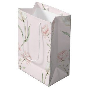 Blush Pink Roses White Tulips Bridal Shower Medium Gift Bag