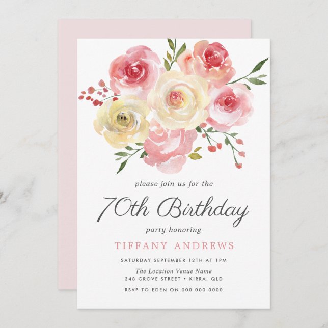 Blush Pink Roses Womans 70th Birthday Invite (Front/Back)