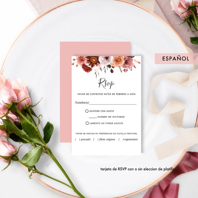 Blush Pink,RSVP in Spanish, Burgundy Blush Floral RSVP Card (Creator Uploaded)