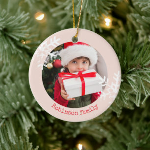 Blush Pink Rustic Circle Photo Ornament Snowflakes