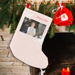 Blush Pink Rustic Snowflake Custom Photo Small Christmas Stocking