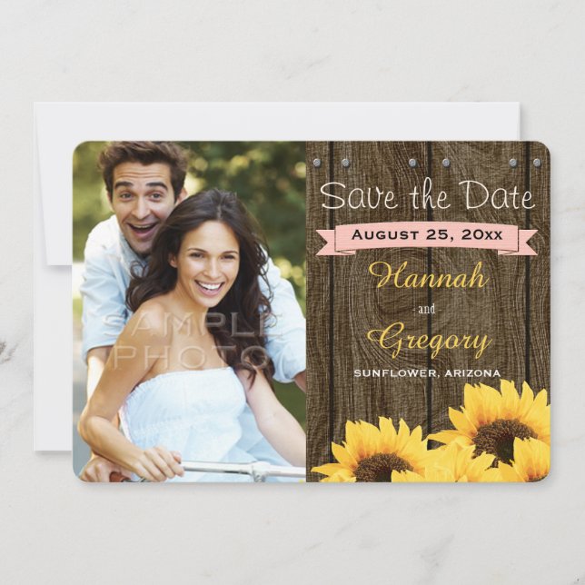 BLUSH PINK RUSTIC SUNFLOWER SAVE THE DATE CARD (Front)