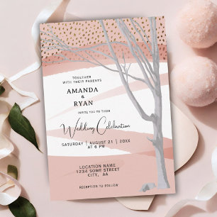 Blush Pink Rustic Winter Tree Watercolor Wedding Invitation