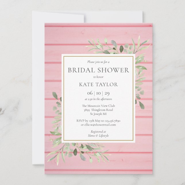 Blush Pink Rustic Wood Greenery Bridal Shower Invitation (Front)